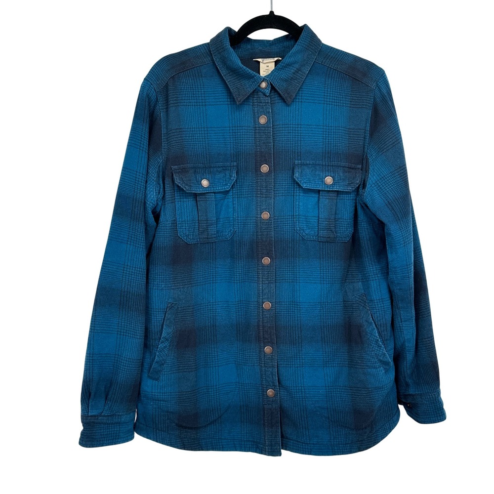 Duluth Trading‎ Womens M Blue Plaid Fleece Lined Shacket Snap Front Jacket